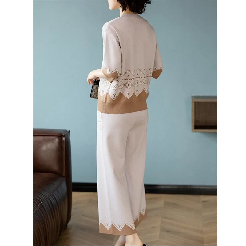 Middle aged Mom Spring/Summer Knitted Two Piece Set Contrasting colors Casual Short Sleeve Top+Wide Leg Pants Women\'s Clothing