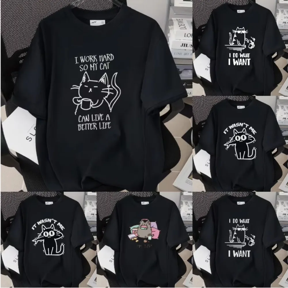 

Interesting Cartoon Cat Short Sleeved T-shirt Neutral Casual Comfortable Top Cute Cartoon Cat Daily Commuting Casual Clothes