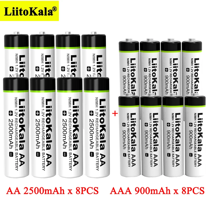 8pcs Liitokala 1.2V AA 2500mAh Ni-MH Rechargeable battery + 8pcs AAA 900mAh for Temperature gun remote control mouse batteries