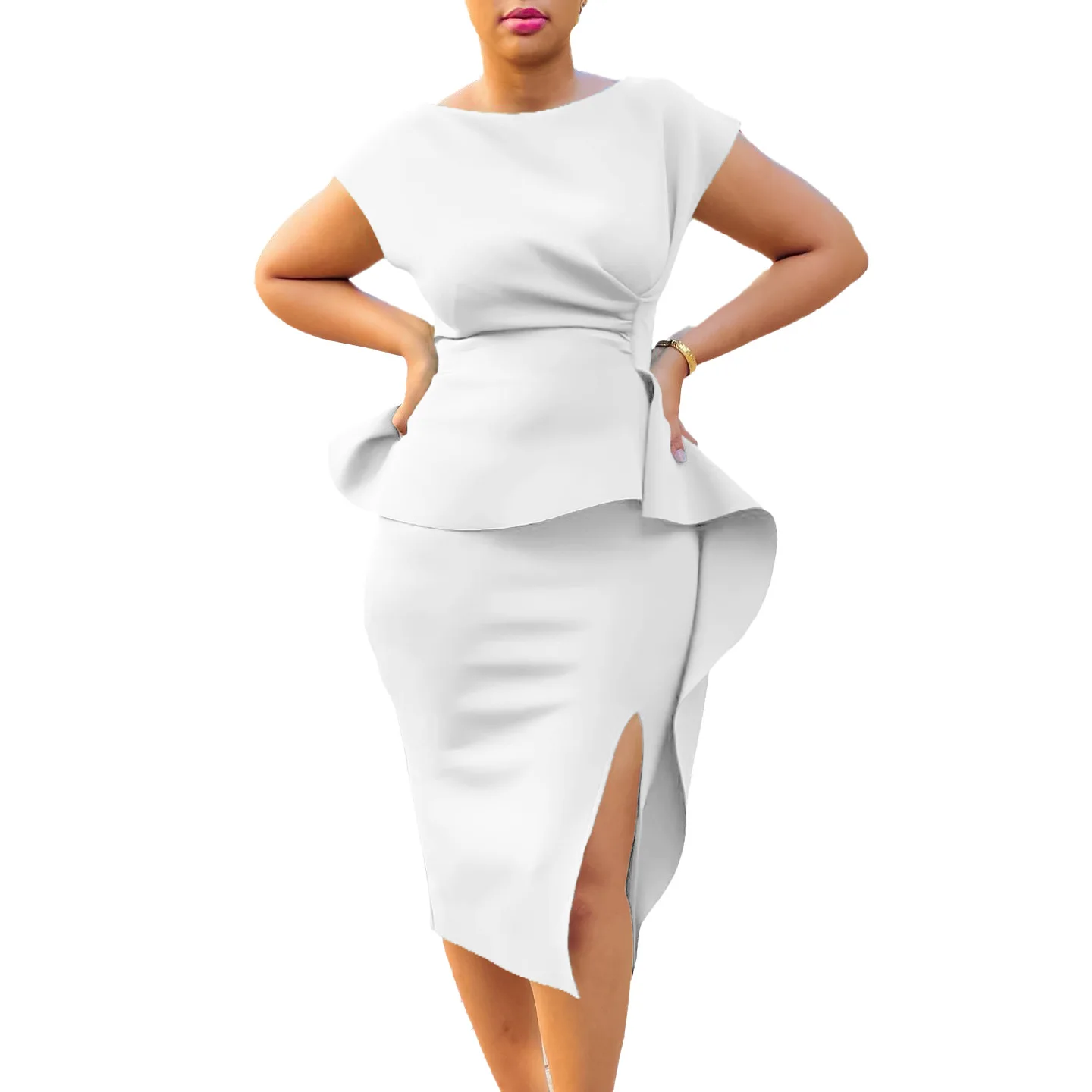 المرأة الخامس الرقبة بلون الورك تنورة تكدرت الشق المهنية س الرقبة أكمام فستان الإمبراطورية الخصر قصيرة الأكمام جولة الرقبة