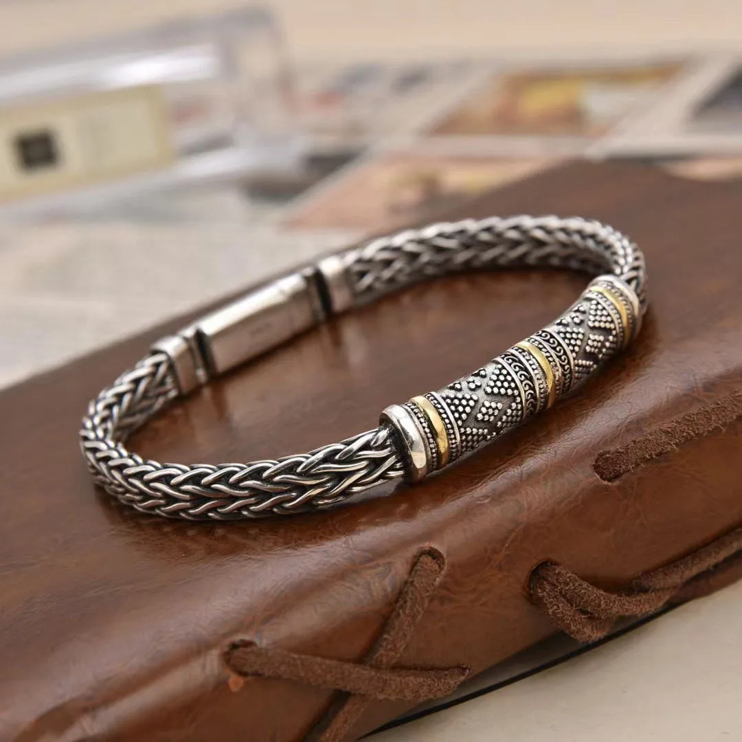 BOCAI New S925 Sterling Silver Retro Personalized Contrasting Colors Dotted Willow Nail Pattern Woven Bracelet Men's Gift