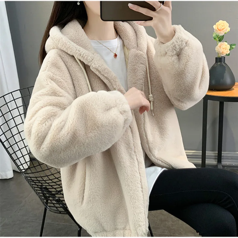 

Chic Hooded Warm Loose Faux Rabbit Fur Jacket Winter Women Clothing Thick Zipper Fur Coat Korean High Quality Coat Design