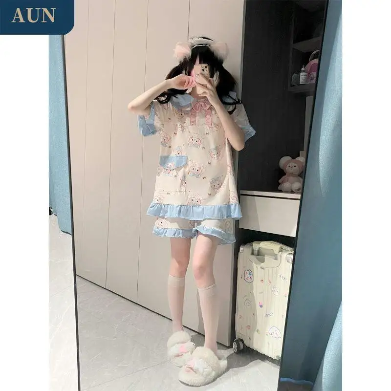 

Sanrio Melody Summer 2025 New Style Fashion Japanese Short Sleeve Cartoon Cotton Pajamas Girls Cute Sweet Thin Home Clothing Set