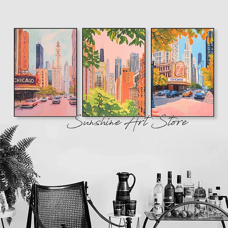 Retro Chicago Skyline Fauvism Cityscape Travel Retro Winter Chicago Ice Skating Poster Canvas Painting Wall Pictures Home Decor