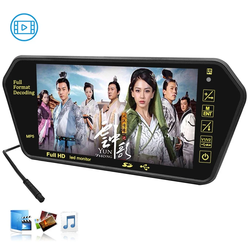 Écran LCD de 7 pouces, miroir Full HD, moniteur de stationnement, Bluetooth, USB, lecteur vidéo FM, affichage automatique, écran LCD de 7 pouces