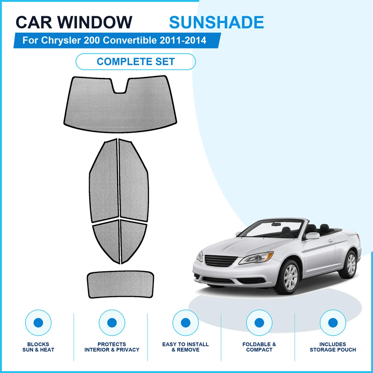 For Chrysler 200 Convertible 2011-2014 Custom Full Set Window Sunshades Aluminum Foil Suction Cup Anti UV Privacy