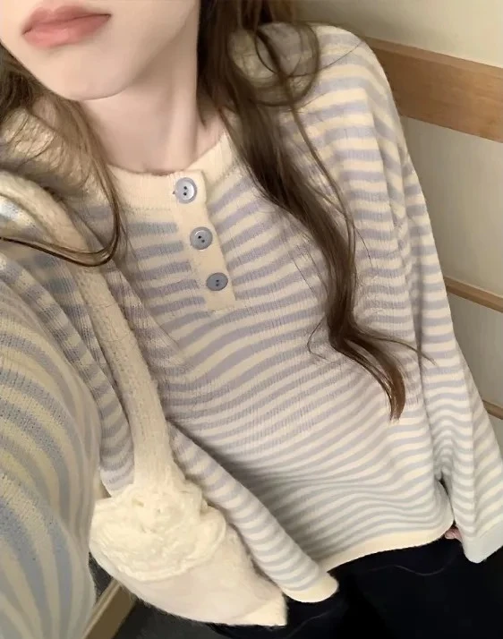 

Korean Striped Long Knitwear Women's Blue White Vertical Stripes Loose Fit round Pullover Autumn Top