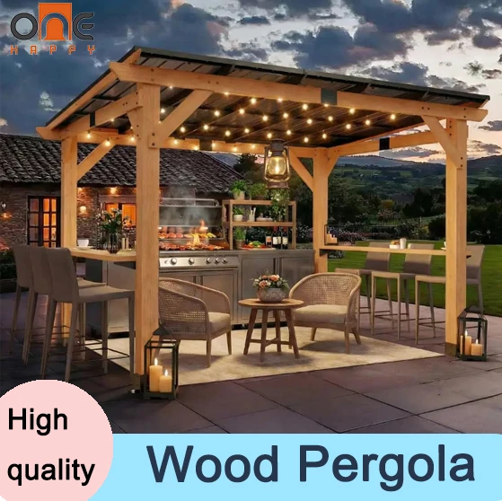

Premium 8x10 FT Cedar Wood Gazebo Heavy Duty Permanent Patio Pavilion With Thick Wooden Side Serving Shelves Galvanized Roof