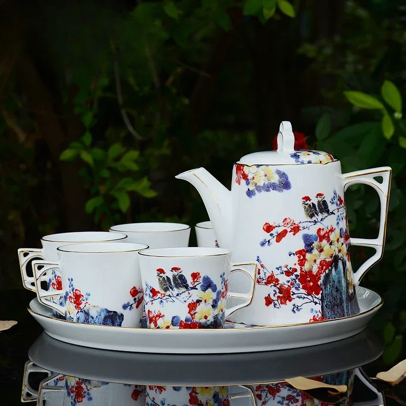 New Chinese Coffee Pot Set, Red Teacup, Teapot, Teacup, Coffee Cup, Afternoon Tea Set, Tea Set with Tray. Coffee Cup Set