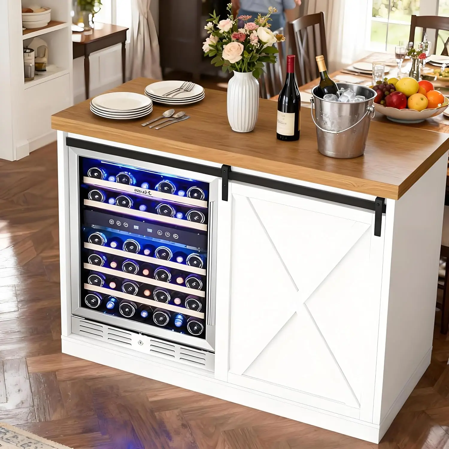 Farmhouse Coffee Bar Cabinet with Fridge Space, 49.2” Fridge Cabinet with Sliding Barn Door, Kitchen Buffet Sideboard with Wine