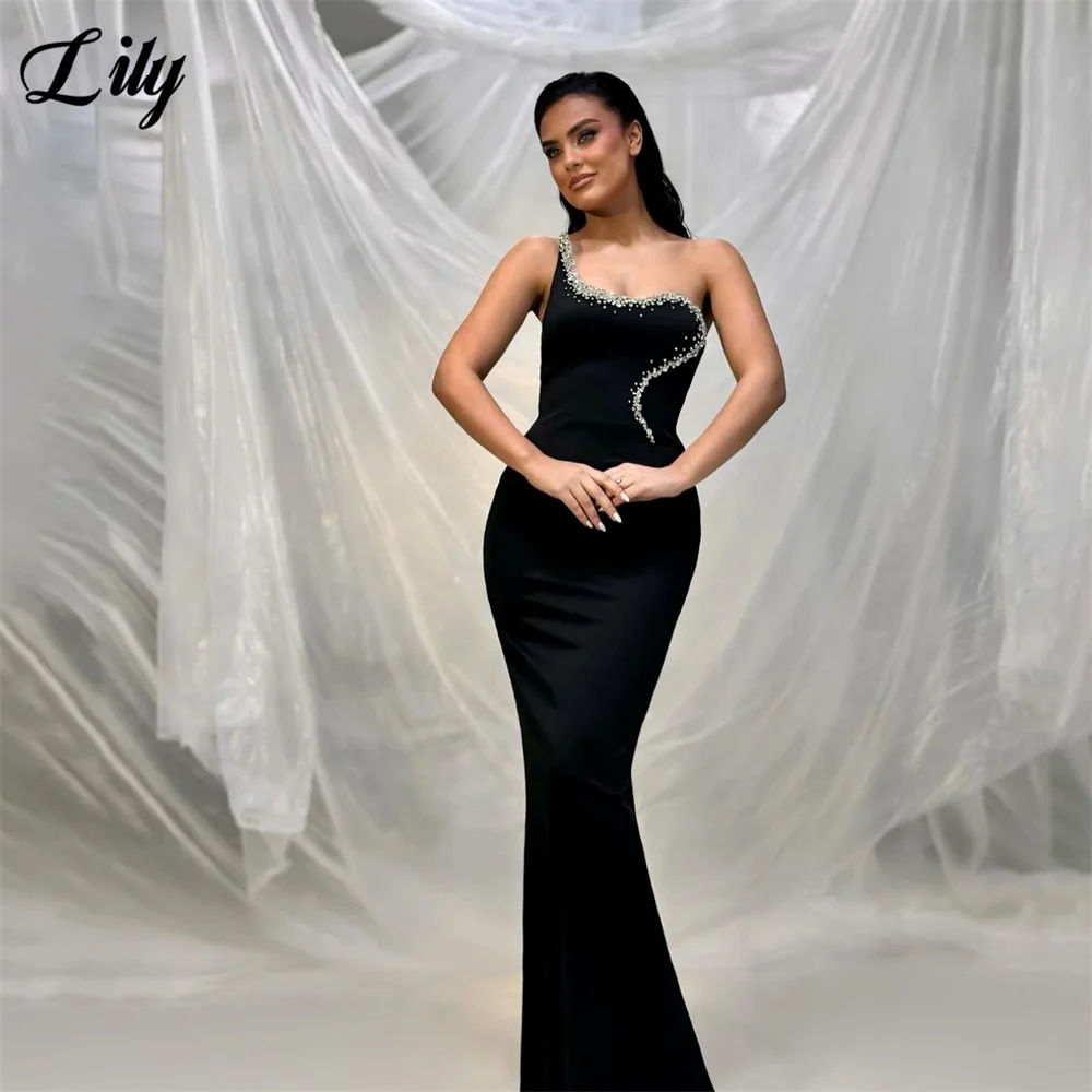 

Lily Black Sleeveless Party Dress One Shoulder Mermaid فساتين السهرة with Crystal Night Dress for Woman Customized