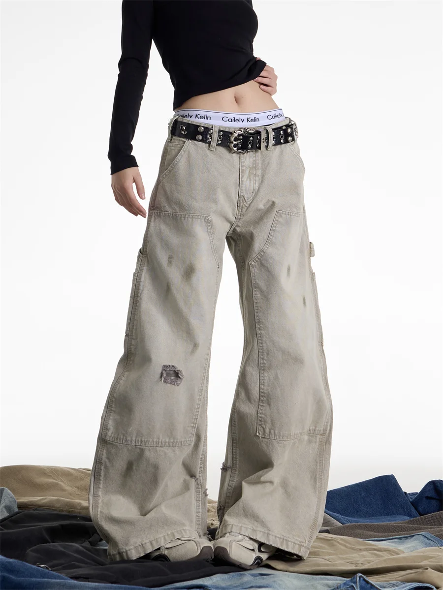 

American Style Vintage Faded Workwear Jeans Women's Autumn Winter Loose Wide Leg Pants Slimming Trousers Onlpp Natural Waist