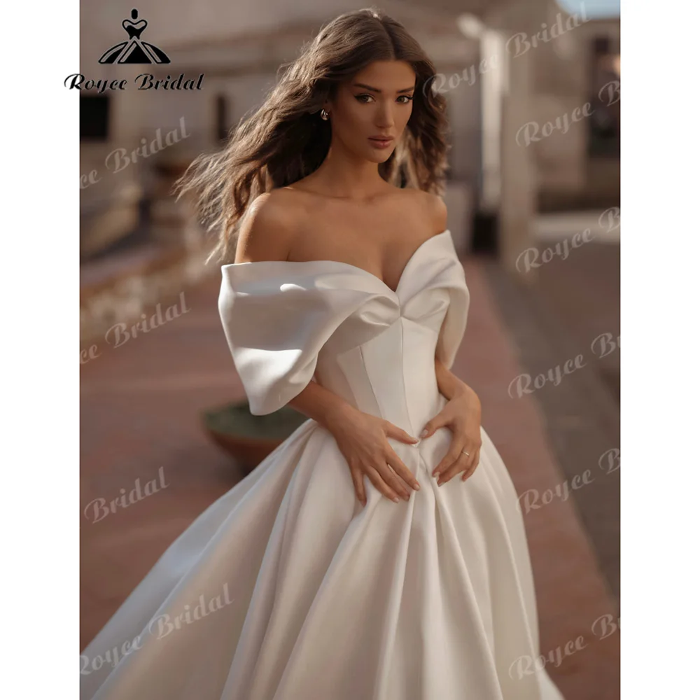 Off Shoulder Structured Satin Wedding Dress 3D Fold Sleeve Sweetheart Neck A-Line Ballgown Luxury Vestido De Novia Customized