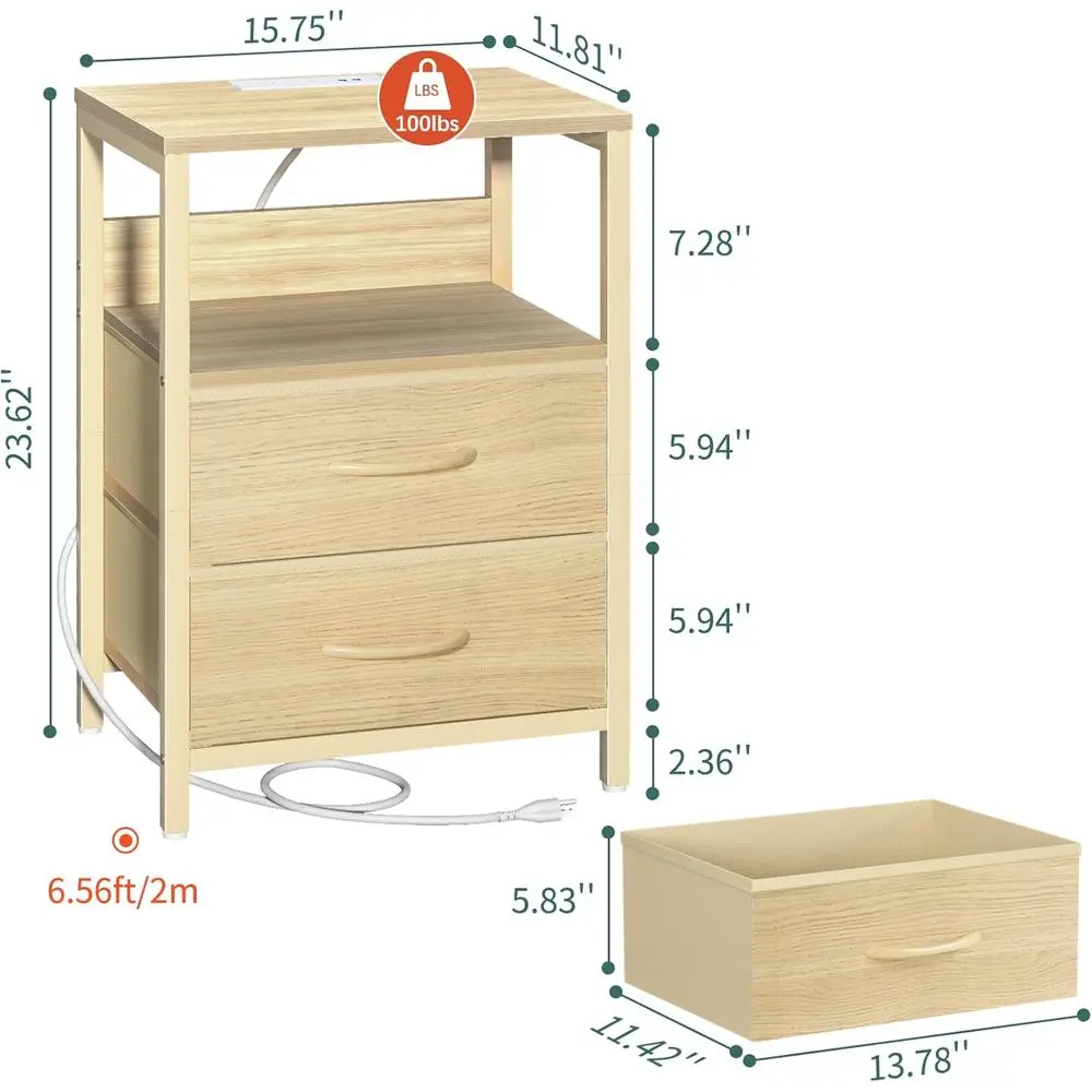 Mesita de noche con estación de carga, cajones de tela con iluminación LED, estante de almacenamiento y puertos USB/salida