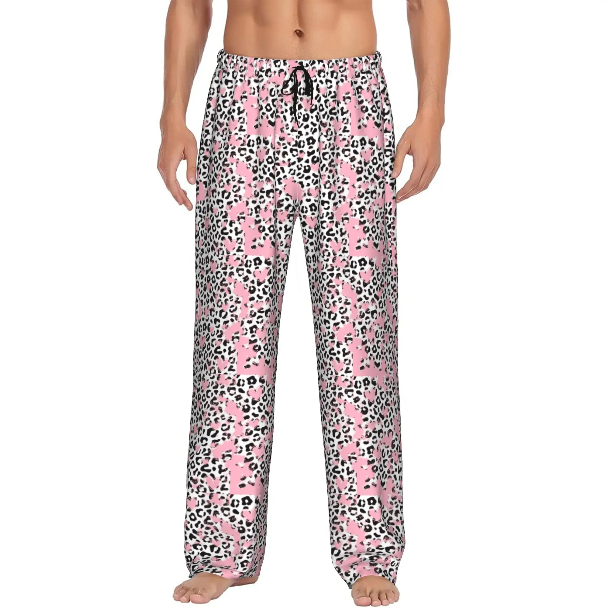 Custom Leopard Print Black And Pink Pajama Pants Men  Lounge Sleep Stretch Sleepwear Bottoms with Pockets