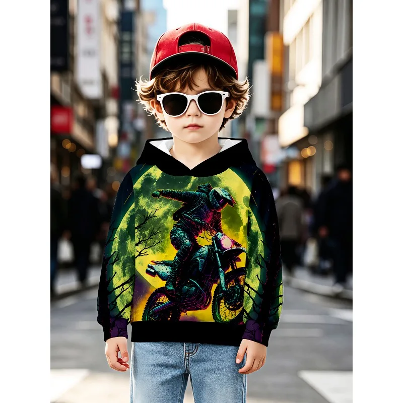 Toddler Boys Motorbike Street Art Pattern Hoodie Pullover Long Sleeve Daily Kids Clothing for Outdoor Birthday Gift