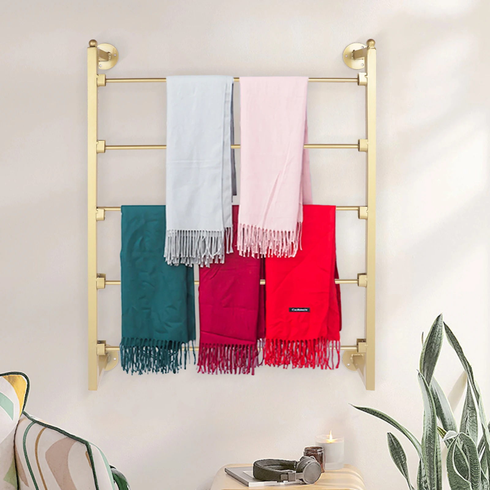 

5-tier Wall Mounted Scarf Display Rack, Tissue Paper Ribbon Holder Storage with 4 Installation Disks for Storing Scarves, Towels