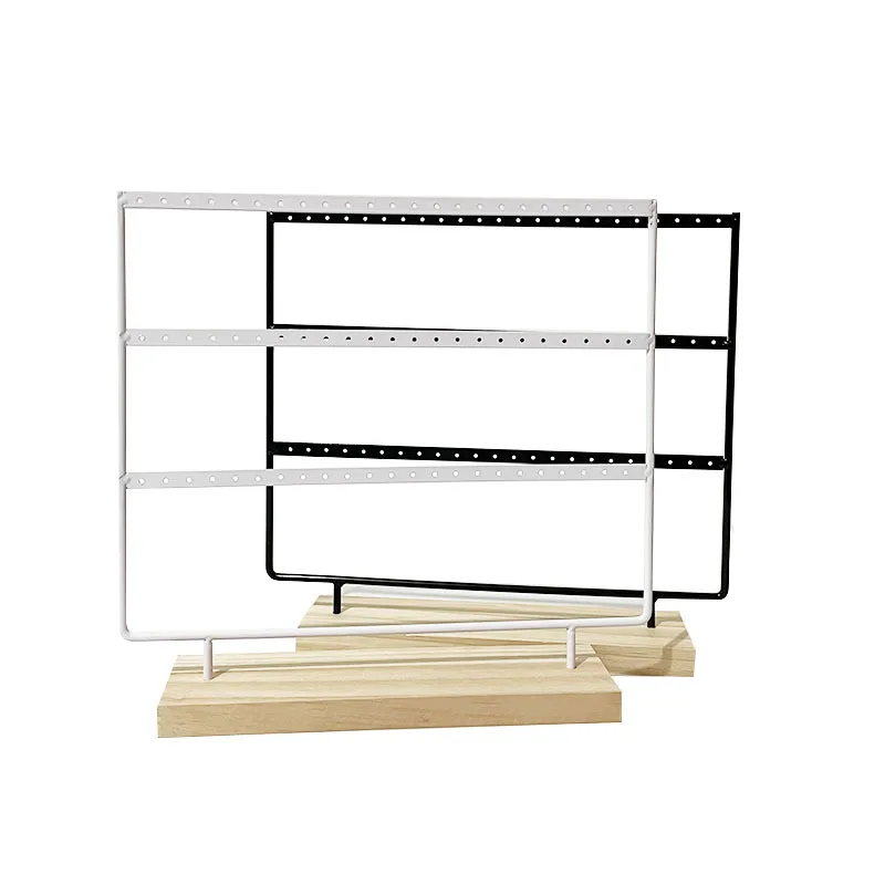 Metal 6 Layers Earring Display Holder Ear Stud Display Rack Wood Base 3-Tiers 69 Holes Jewelry Storage Organizer Stand Reusable