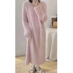 2025 Autumn/Winter Loose Popular Pink Imitation Mink Fleece Loose Knee Length Long Fur Dress Women's Pajamas Dress Solid Color