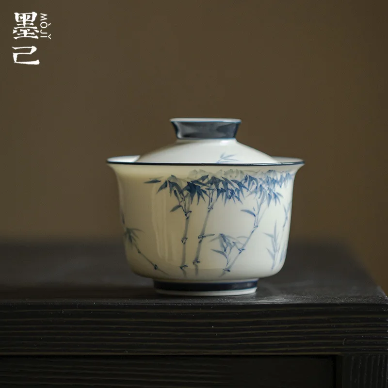 

Jade Porcelain Underglaze Color Blue and White Hand Drawn Tureen Household Ceramic Bamboo Tea Brewing Bowl Kung Fu Tea Set