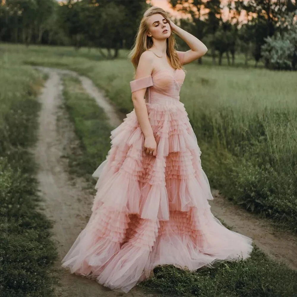 

Dream Pink High Quality Evening Dress Tulle for Floor-Length Sweetheart Off the Shoulder Prom Dress Ball Gown Tiered Customized