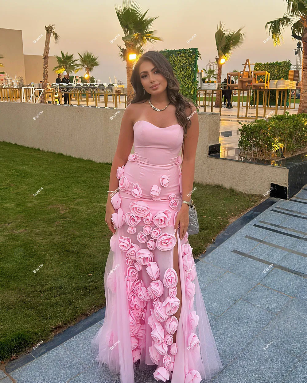 Booma Pink Mermaid Evening Dresses Sweetheart Sleeveless 3D Flowers Special Occasion Gowns for Women Side Slit Party Prom Dress