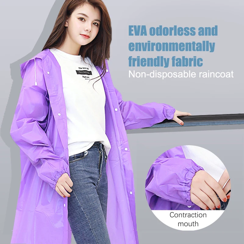 26*20*3cm Solid Color Hooded Eva Non Disposable Raincoat Long Full Body Transparent Thickened Strap Mouth Adult Tourism Raincoat