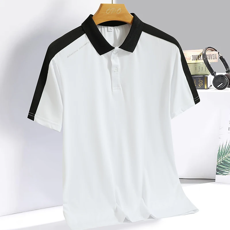 Men\'s Polo collar top with summer ice silk breathable quick drying short sleeved T-shirt patchwork contrasting color polo shirt