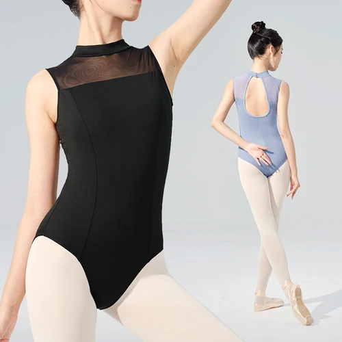 Leotardos de Ballet para mujer, leotardo de baile sin mangas, cuello levantado de nailon, empalme, leotardo de gimnasia, traje de Ballet para adultos, trajes de baile