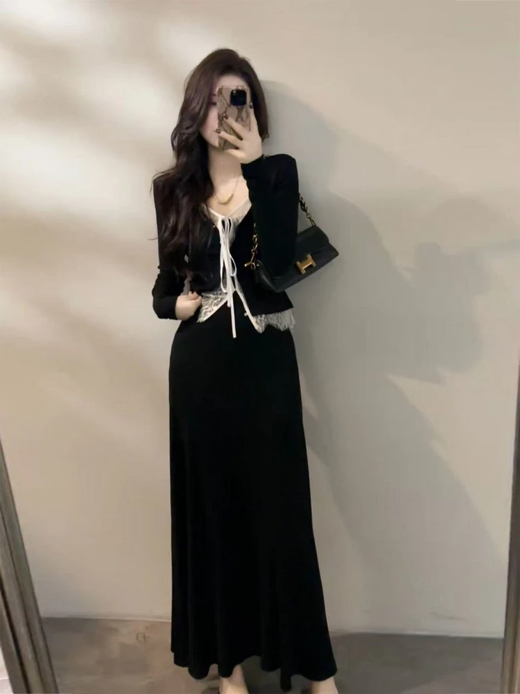 

Korean Style Elegant Black Long Dress Women's Early Spring Set Two-Piece Suit Fashionable Casual Wear Comfortable Fit