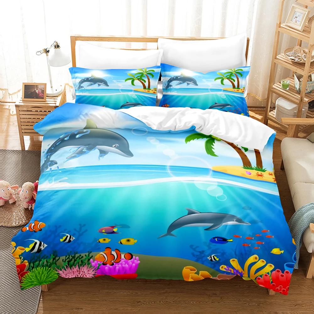 Juego de cama con estampado 3D de tiburón delfín para niños, juego de cama individual y doble, tamaño Queen, King, Ocean Fish, Duvetcover, 15