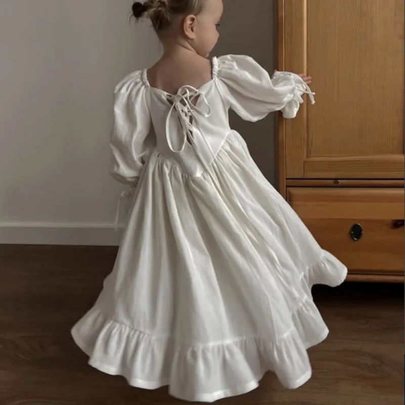 2025 New Spring European American Style 2-6Yrs Baby Girl Party Dress Long Sleeved Solid Color Linen Cotton Kids Princess Dresses
