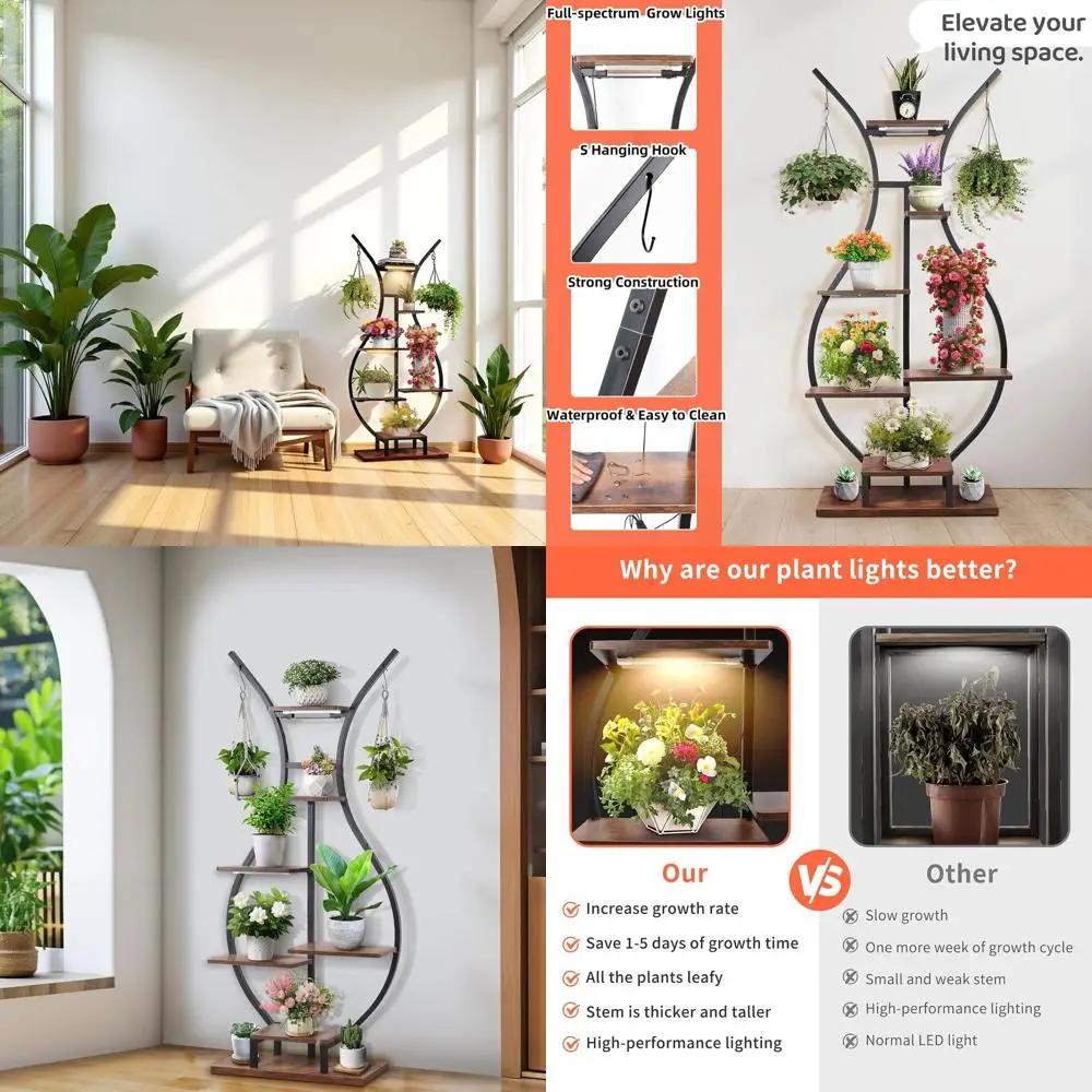 

4-Tier Indoor Metal Plant Stand with Hanging Rod, 53 Tall, Ideal for Grow Lights, Living Spaces, Balconies, and Gardens