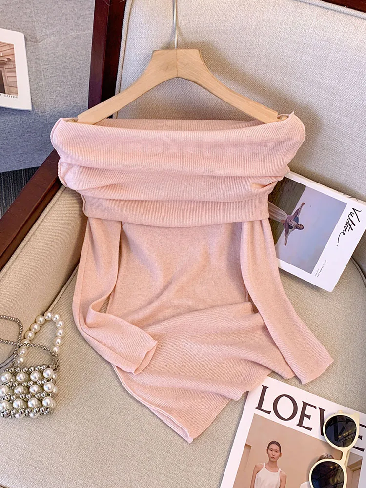 Sexy Fashion Gyaru Slash Neck Off Shoulder Tops Autumn Winter Women Long Sleeve Slim Knitted Sweater Korean Style Solid Pullover