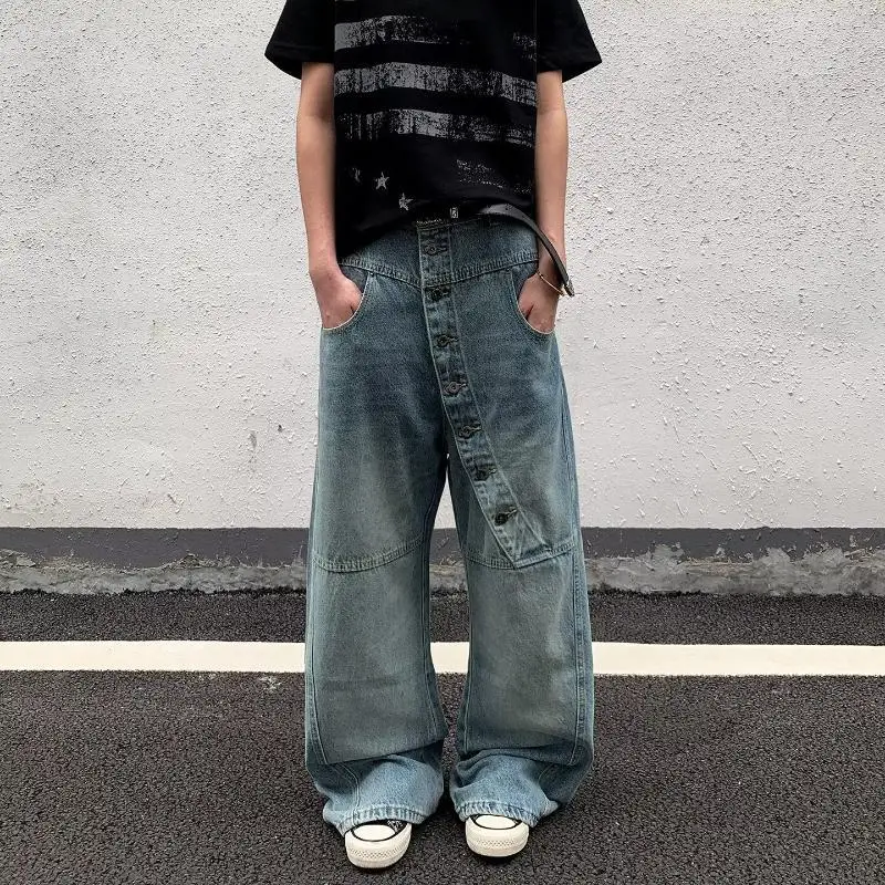 Men's Oblique Button Design Blue Jeans Casual Pants Summer Streetwear Wide-leg Trousers Boy Bottom Male High Waist Sweatpants