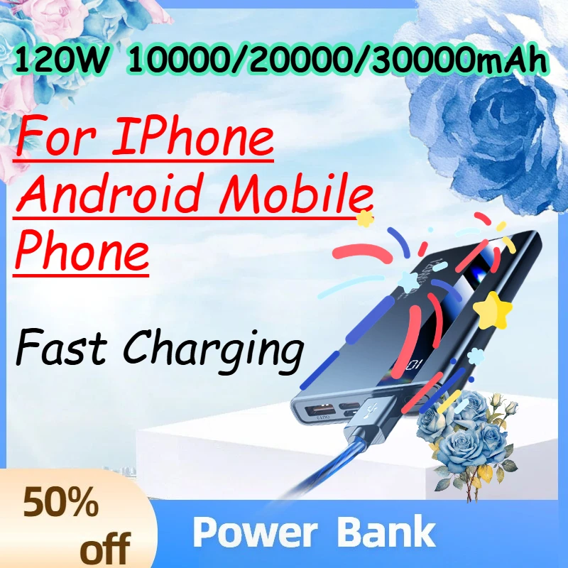 

120W 10000/20000/30000mAh Super Fast Charging Power Bank for IPhone Android Mobile Phone Large-capacity Portable Power Bank