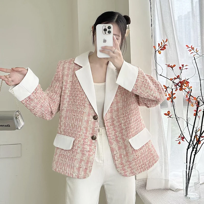 Korean Style V-neck Long Sleeve Women's Short Suit Jacket 2024 Spring and Autumn Loose Casual Age-reducing Coat Lady Suit Top