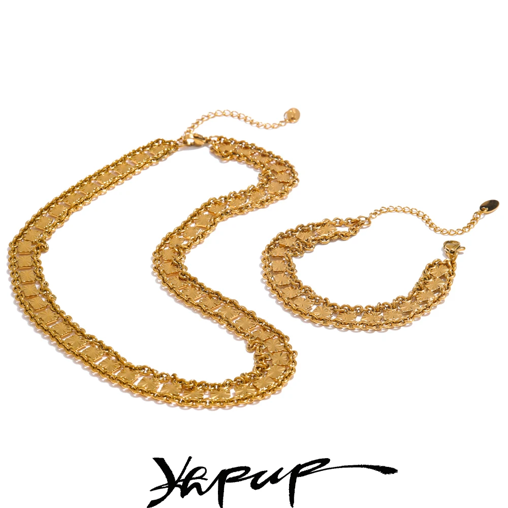 Yhpup Collana a catena quadrata fatta a mano dal design unico vintage, bracciale rigido, gioielli quotidiani in acciaio inossidabile dorato 18 carati