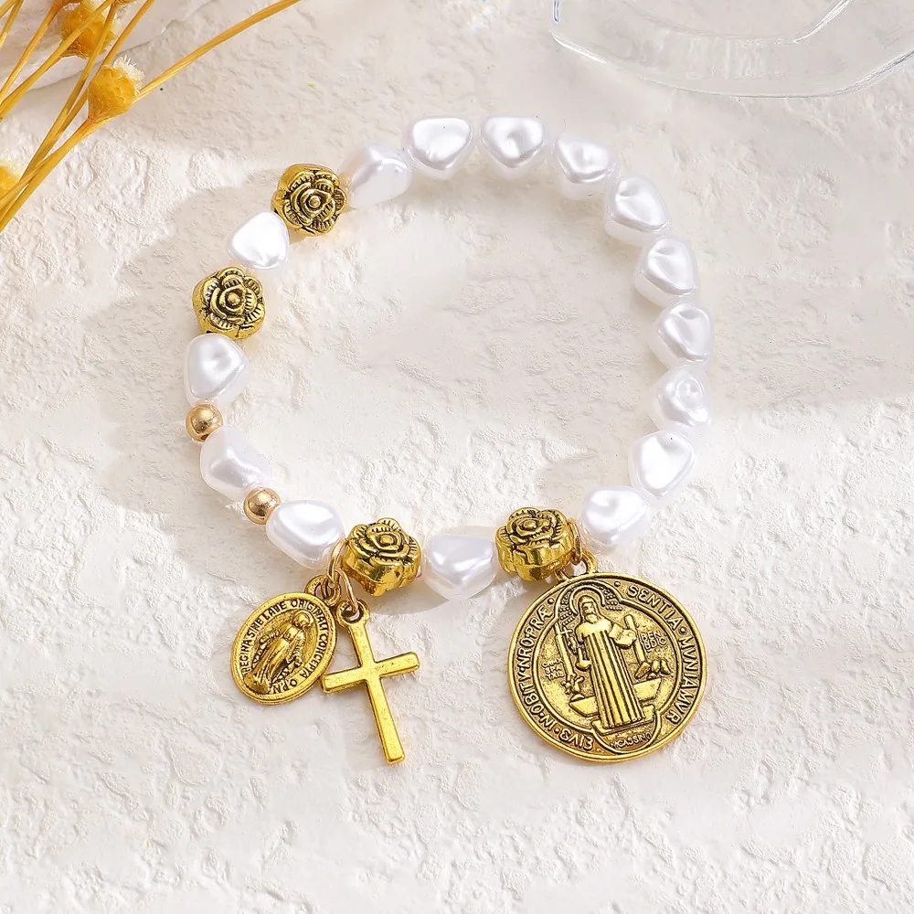 1-12 piezas de pulsera de rosario católico con cuentas de perlas en forma de corazón, cruz y medalla de San Benito, para uso religioso en la iglesia, como regalo para bautizo o comunión.
