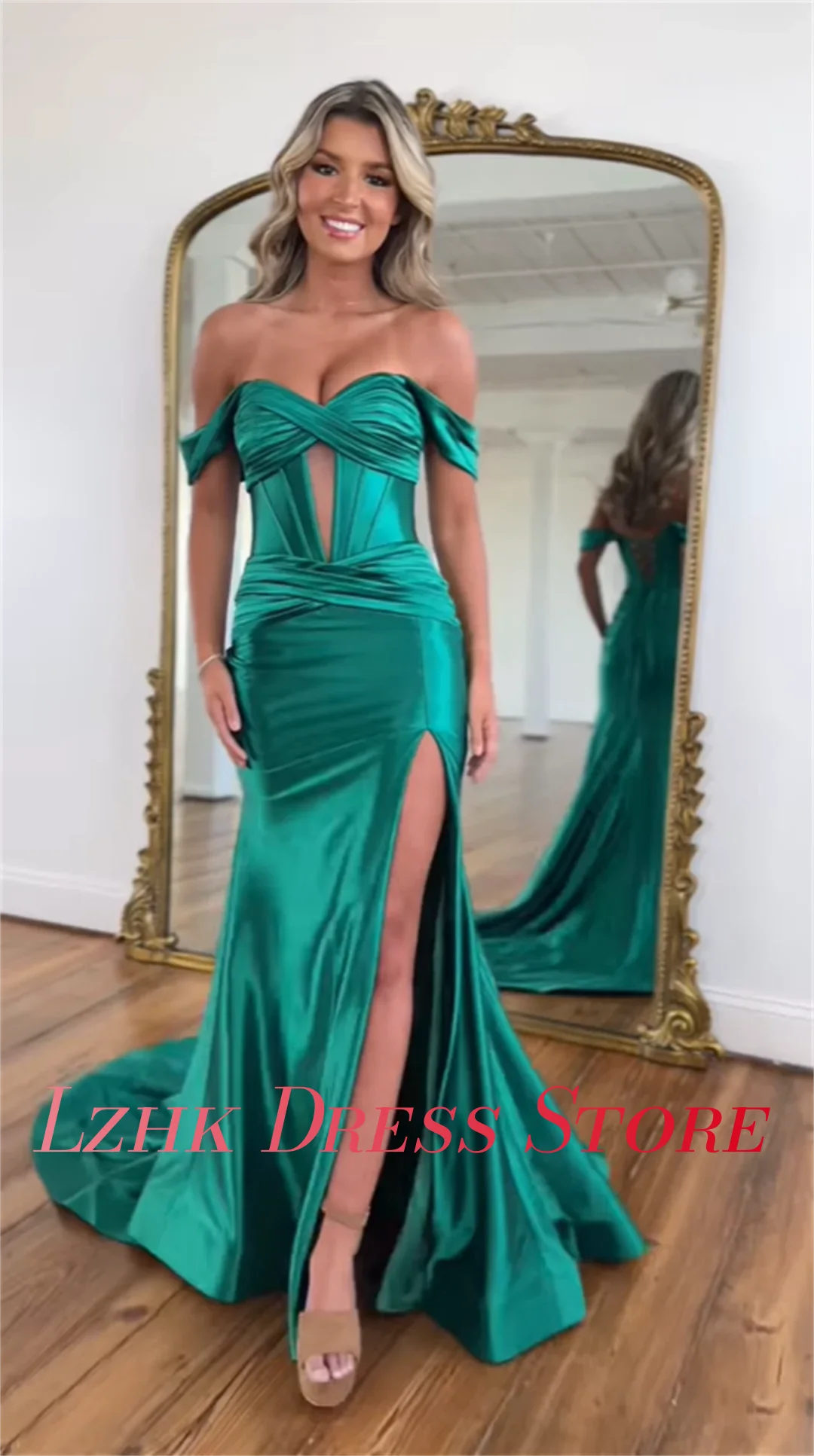 カスタマイズされた高品質サテンマーメイドオフショルダーイブニングドレス繊細な恋人フロアレングスウエディングドレスカスタムサイズ