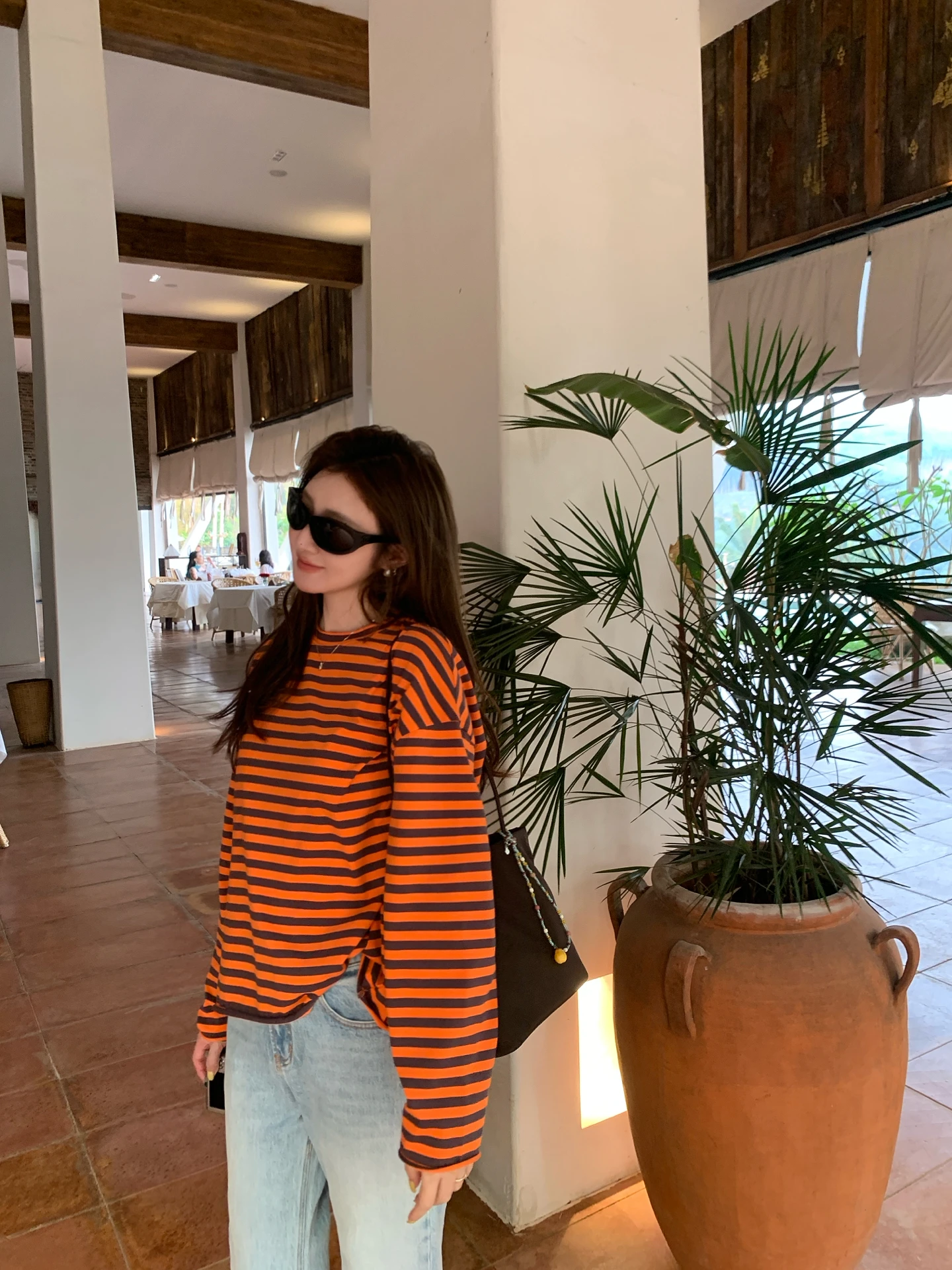 

AIMURSE Fashionable Cotton Striped T-Shirt Spring Summer Casual round Neck Long Sleeve Women's Standard Fit Tee
