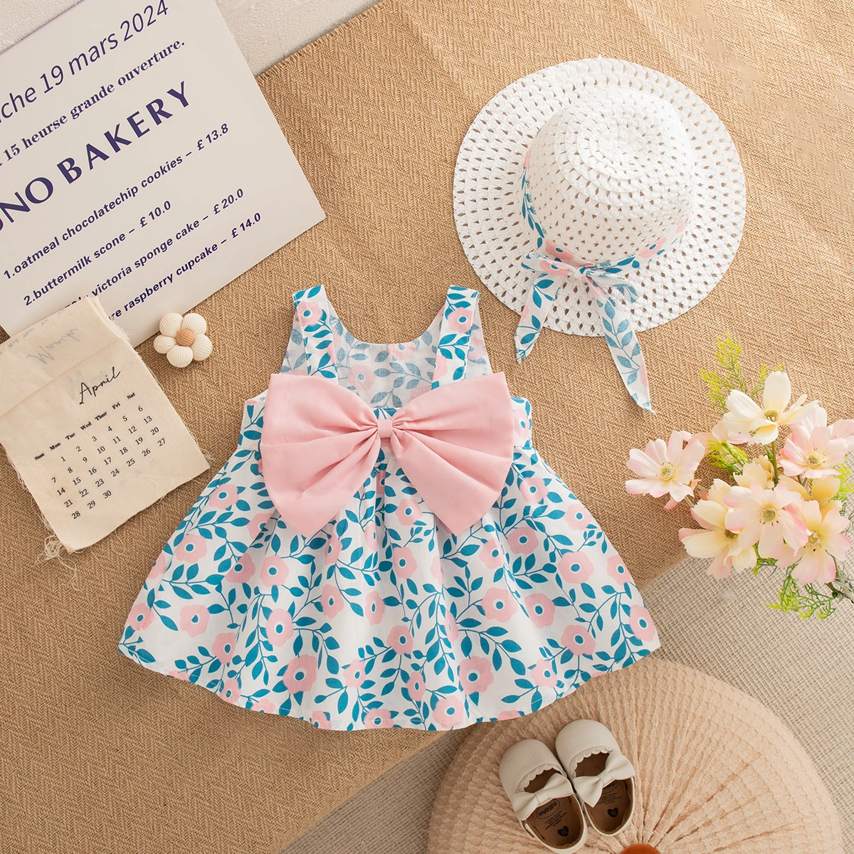 

9 Months -3 Years Old Summer New Sweet Bow Baby Girl Dress, Flower Print Children'S Sleeveless Clothes With Free Hat