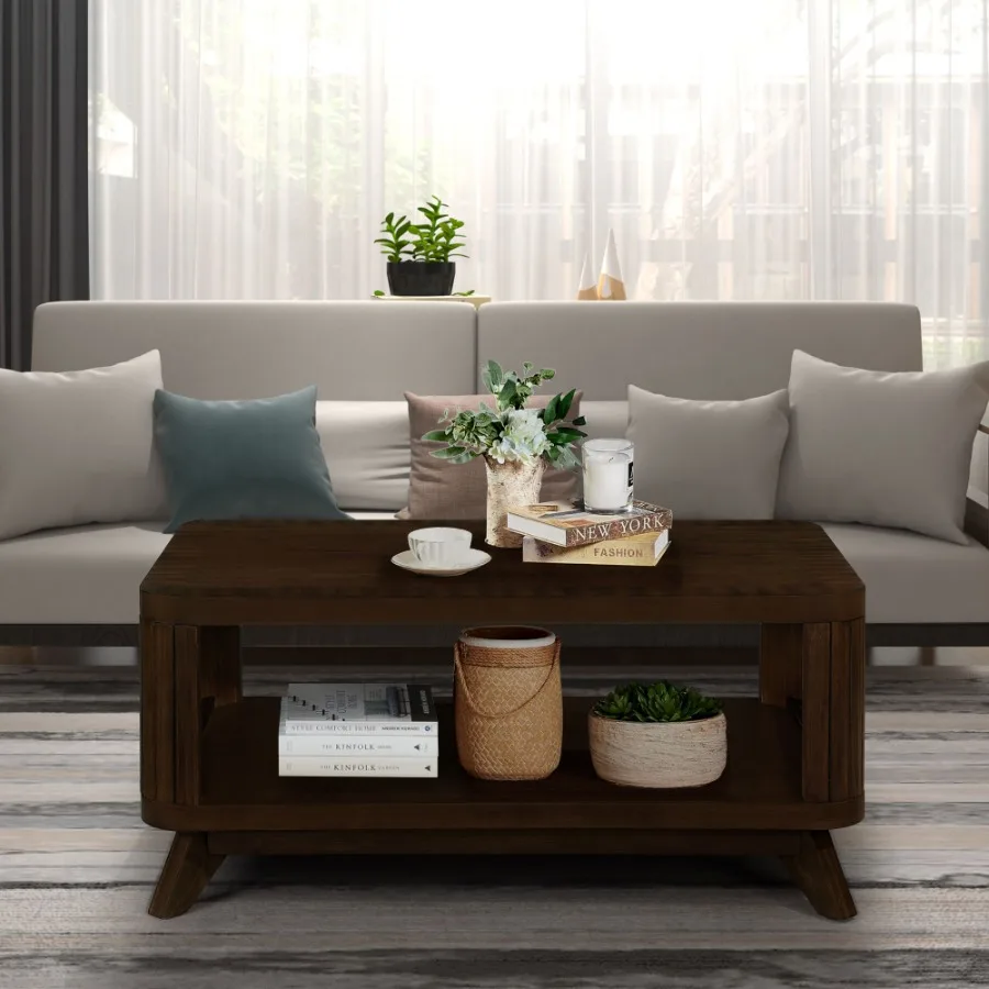 طاولة قهوة خشبية مستطيلة لغرفة المعيشة طاولة قهوة مقاس 41.5 بوصة مع أرجل خشبية صلبة طاولة شاي مركزية خشبية مع مفتوحة #2