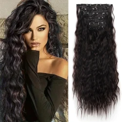 Extensões sintéticas de cabelo com clipe ajustadas para mulheres, cabelo encaracolado, peruca longa, milho preto natural, estilo ondulado, 20 