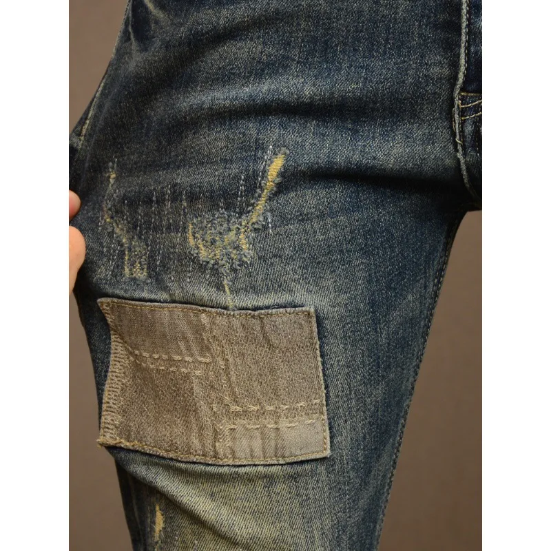 New Ripped Jeans Men'S Fashion Brand Stretch Slim Men'S Pants With Cloth Patch High Street Retro Blue Casual Denim Pants