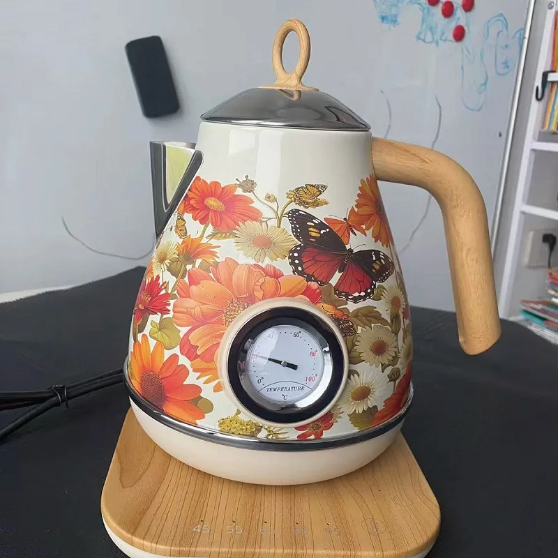 1.7L Retro Paint Decal Electric Kettle Wood Grain Handle 304 Stainless Steel Temperature Control Teapot Auto Keep Warm Kettle 3