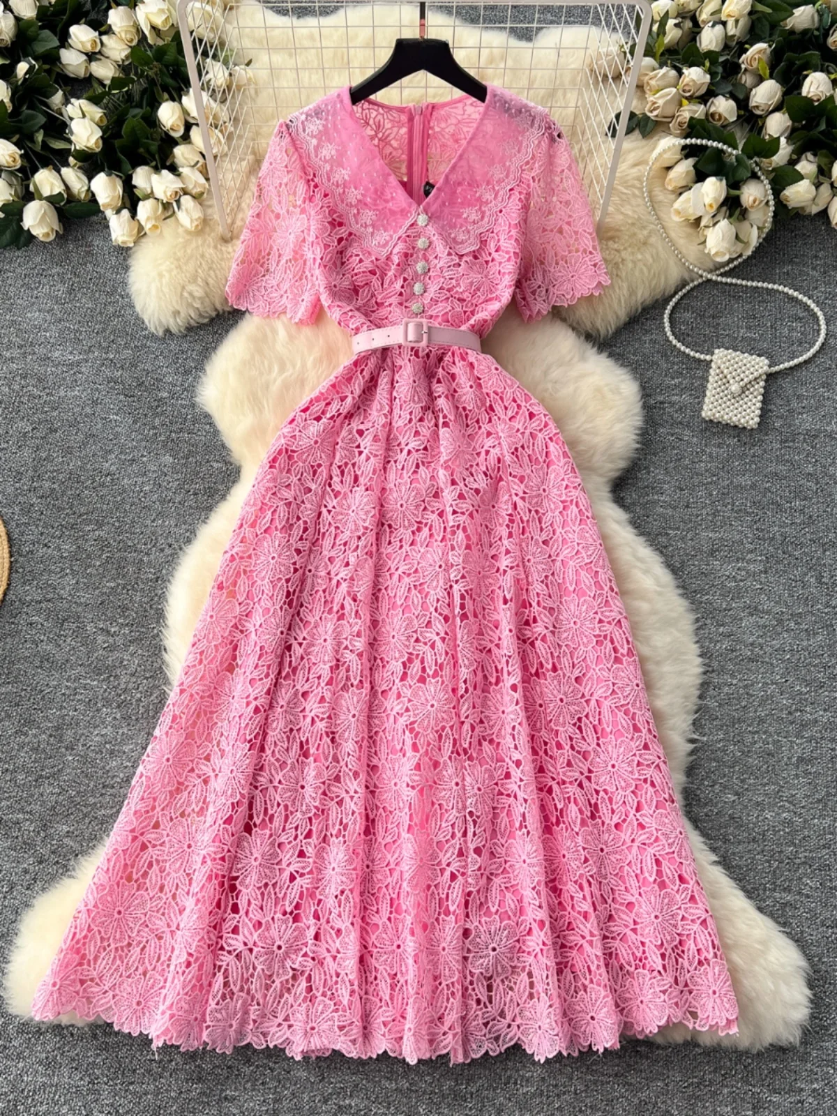   Sle Kant Lange Dr ort Sve Zoete Pop Kraag Afslankende Taille Hoge Taille A-lijn Rok Koreaanse Versie Woon-werkverkeer