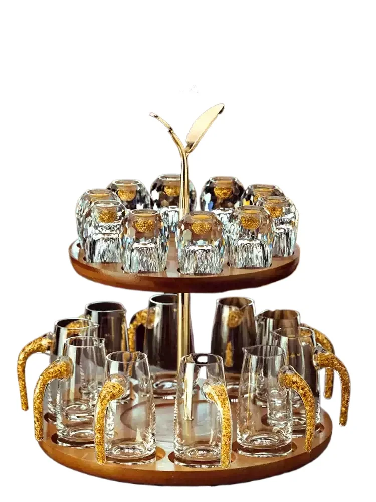 Gold Foil Crystal Liquor Set Diamond Cut Shot Glasses With Graduated Wine Decanter For Baijiu Spirits Gift