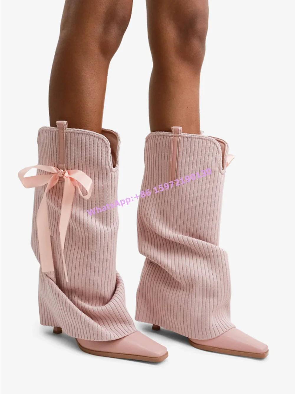 Ribbon Bows Turn Over Edges Boots Slip On Solid Square Toe Thin Heels Knee High Boots Sweet Style Lovely Winter Shoes 2025