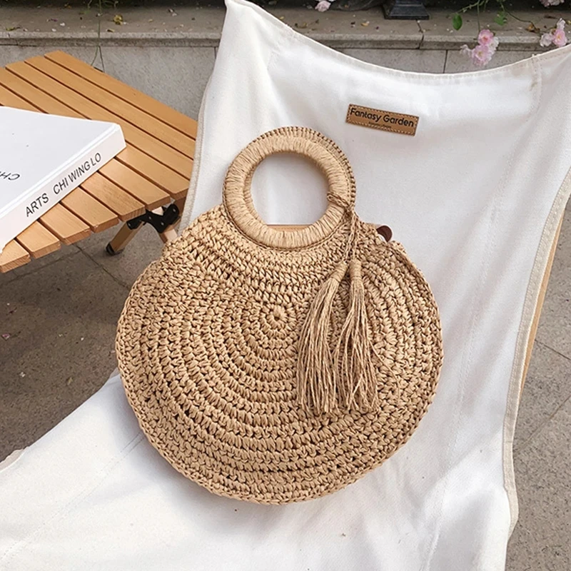 

Женская плетеная Сумка с верхней ручкой, летняя соломенная сумка с кисточками, вместительная пляжная сумка на плечо для женщин